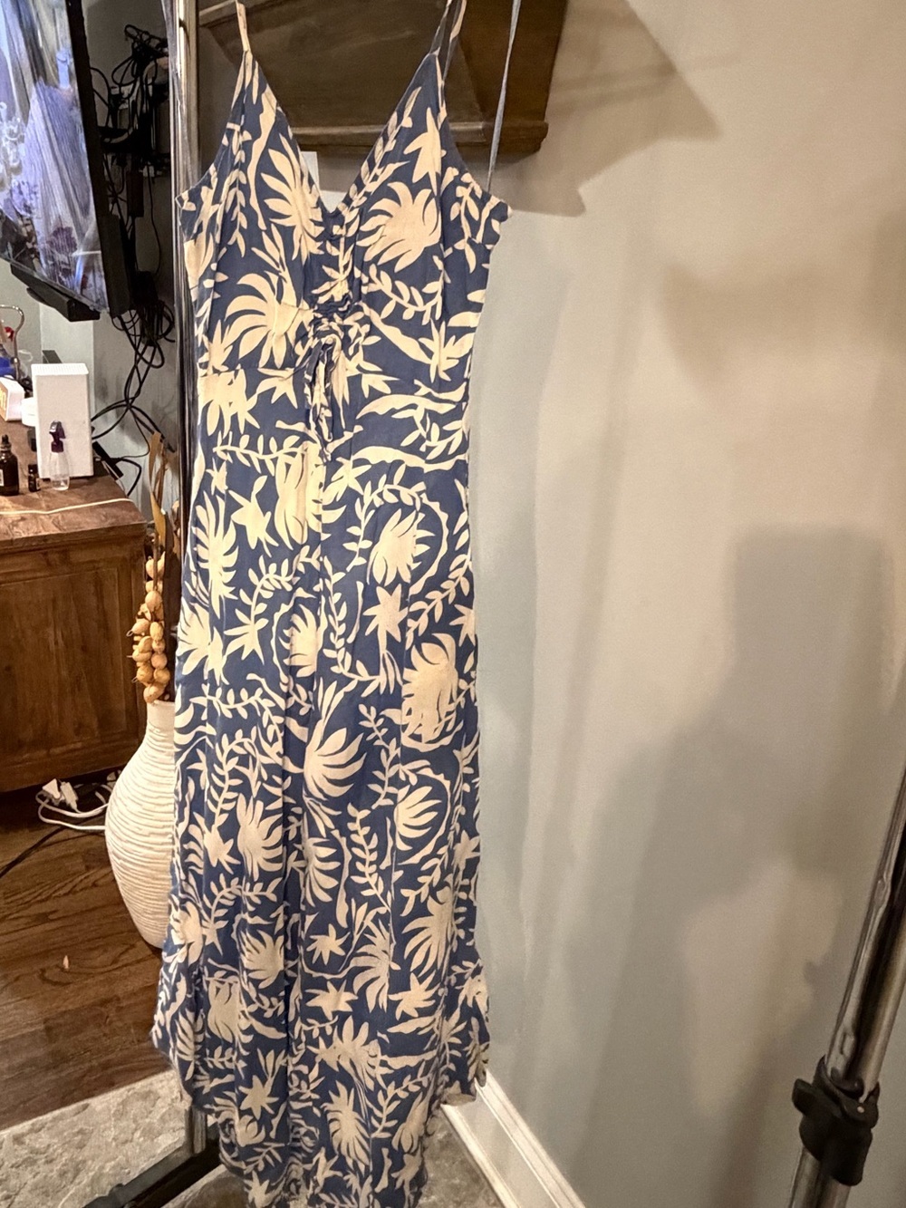 Japna Blue and White Tropical Spaghetti-Strap wide leg Maxi Jumpsuit size xs